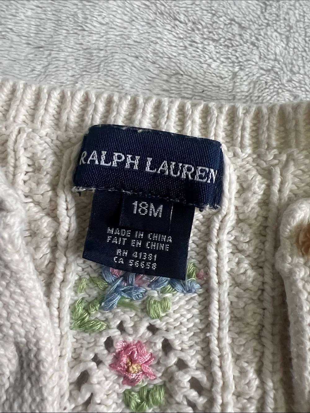 Ralph Lauren Cream Knit Cardigan with Pastel Floral Embroidery